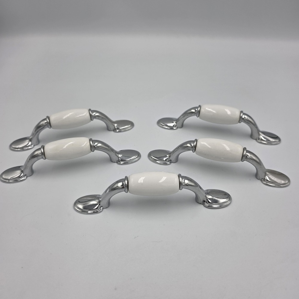 5‎ Liberty 3406 Chrome & White Ceramic Cabinet Drawer Pull Handles 5"
